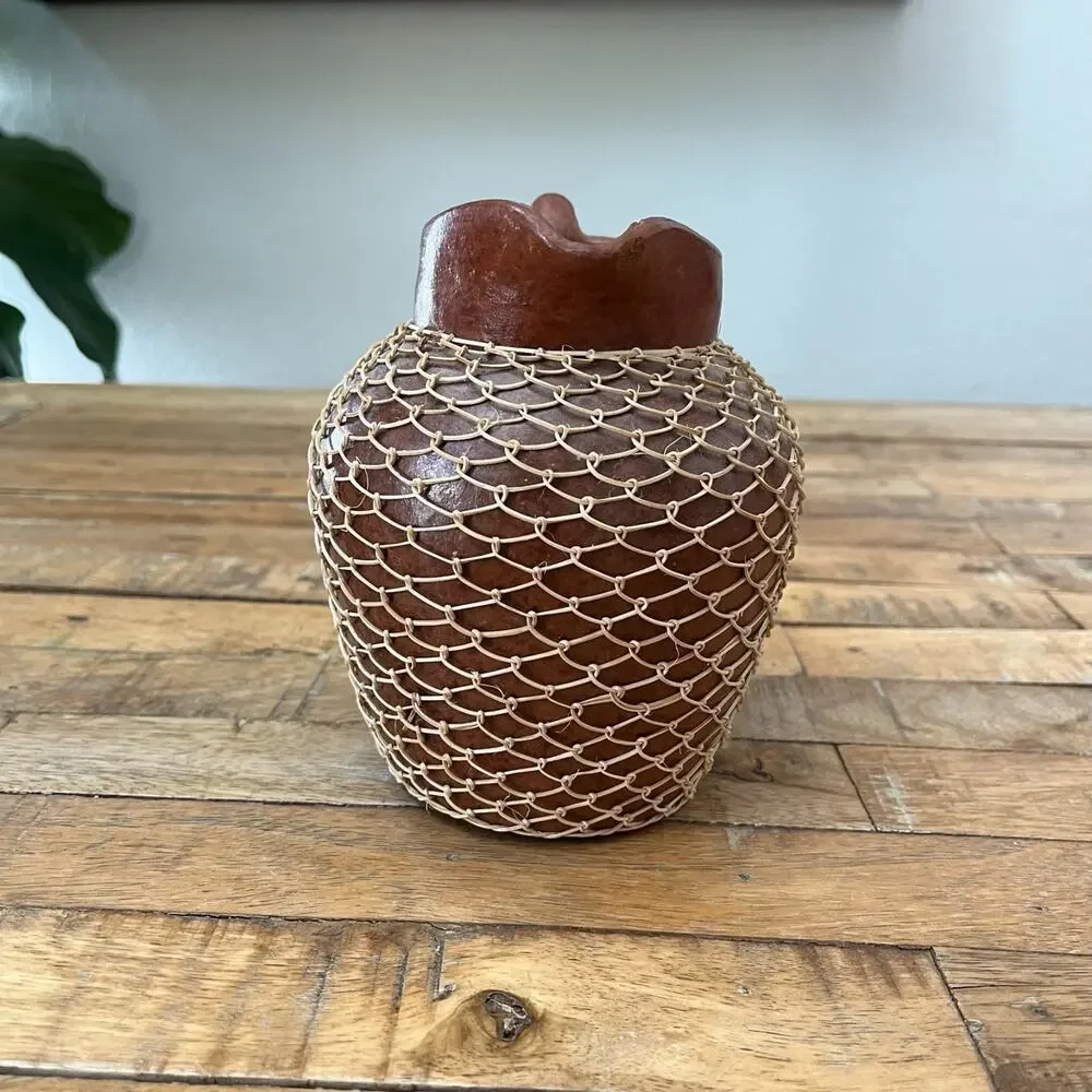 Terracotta Earthenware Pitcher Hand-looped Rattan Netting 6.25” Tall